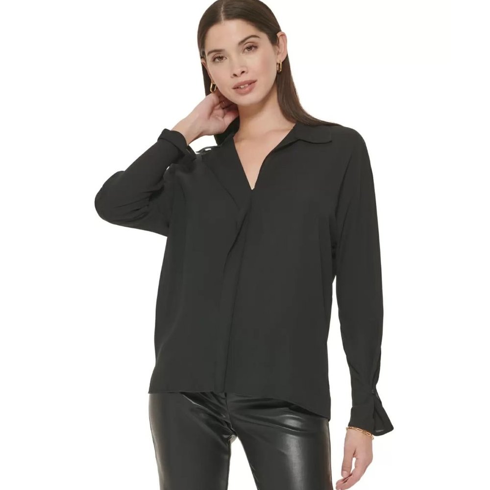 Calvin Klein Women's Long Sleeve V-Neck Collared Blouse, Black - XS
